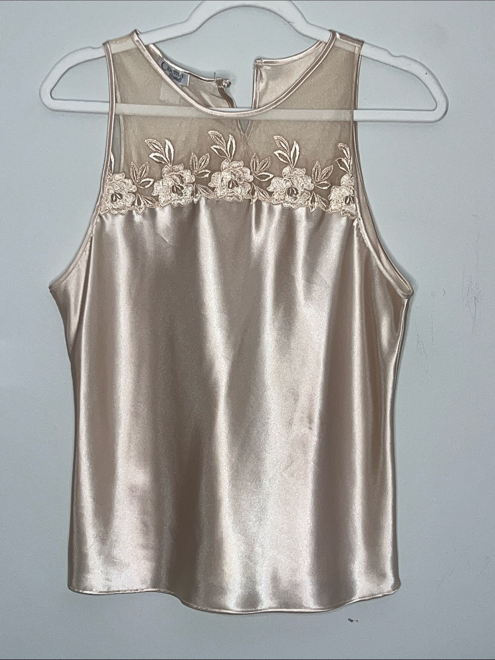 Vtg  Cinema Etoile Sleeveless Lace Embroidered Modest Neck Champagne W flaw